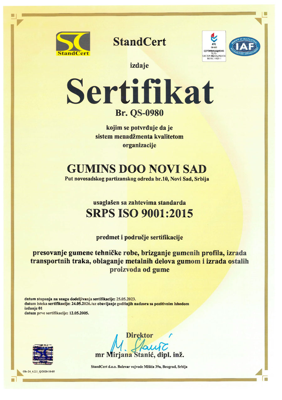 Sertifikat SRPS ISO 9001-2015 GUMINS DOO