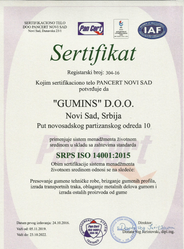 Sertifikat SRPS ISO 14001 2005-GUMINS DOO